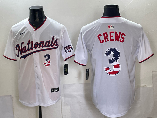 Men's Washington Nationals #3 Dylan Crews White USA 250 Fourth of July Home Stitched Baseball Jersey